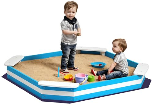 AIYAPLAY Sandkasten 133 x 108 cm Sandkiste aus Holz Sandbox mit Sitzbank, Bodenschutzfolie für 4 Kinder 3-7 Jahre Blau