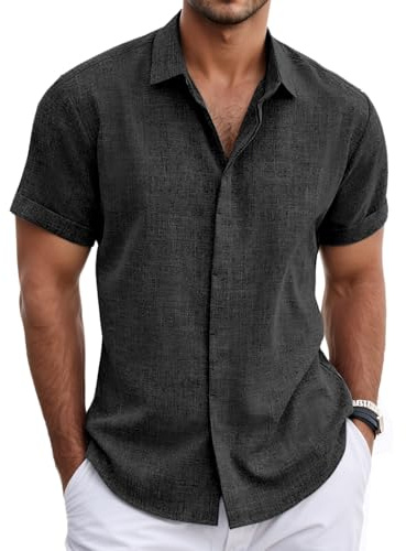 Neteson Camisa de Lino Hombre de Botones Camisa de Manga Corta Informales Casual Top Camisas Verano Suelta Playa Color Sólido T-Shirt