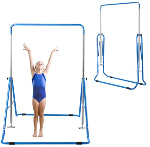 COSTWAY Barre de Gymnastique Extensible, Barre d'Entraînement Horizontale pour Enfants, Pliable avec Structure Triangulaire Réglable en Hauteur 90-137 cm, Équipement de Gym Charge 68 kg (Bleu)