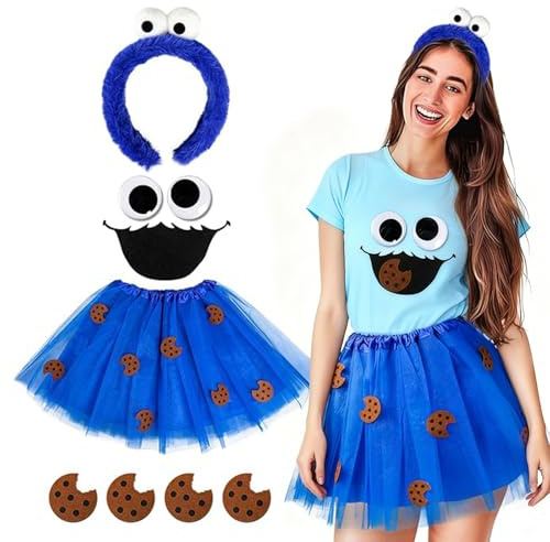 YCWSSB Juego De 5 Disfraces De Monstruo Azul Para Carnaval, Incluye Diadema, Falda Tutú, Pegatinas Para Ojos Y Boca, Diseño De Galletas Decoración Para Fiesta Temática Mujer