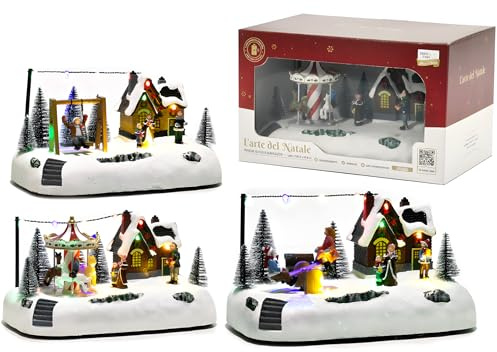 EMPOTEC Scena Paesaggio Villaggio Natalizio Innevato Parco Giochi Movimento Luci LED e Suoni Musiche Natalizie Decorazione Clarion Addobbo Idee Regalo Natale 26x16x14cm 3 Scene Assortite (1pz)