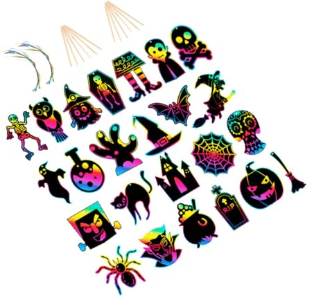 Alipis 60 Stück Halloween Kratzpapier für Selbstgemacht Bastelset mit 24 Kratzkarten 12 Bambusstiften und 24 Bändern Halloween Party Dekoration und Kreatives