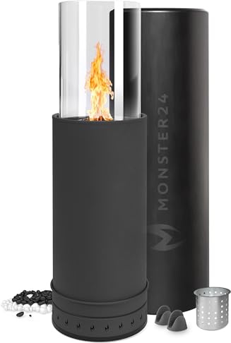 Monster24 Standkamin, rund, freistehend, 87 x 27 x 27 cm, Pellet Terrassenheizer für Outdoor, Terrassenofen mit 360° Flammenspiel, ideal als Terrassenkamin und Bodenkamin