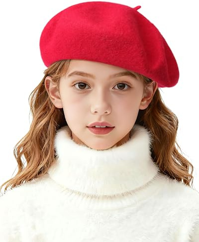 AWAYTR Kids Beret Hats for Girls - Artist French Beret for Toddler Little Girl (Red)