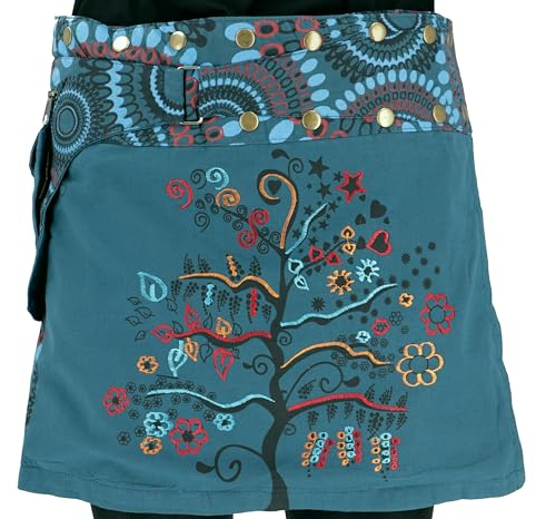 GURU SHOP Bestickter Wickelrock, Kurzer Goa Rock, Cacheur - Petrol, Damen, Baumwolle