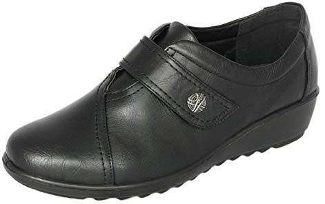 Cushion Walk EEE Extra-Wide Fit Women's Lightweight Slip-On Flat Shoes - Faux Leather Touch Fastening - Casual or Work Flats in Black, Blue, Beige & Tan, Padded Insole