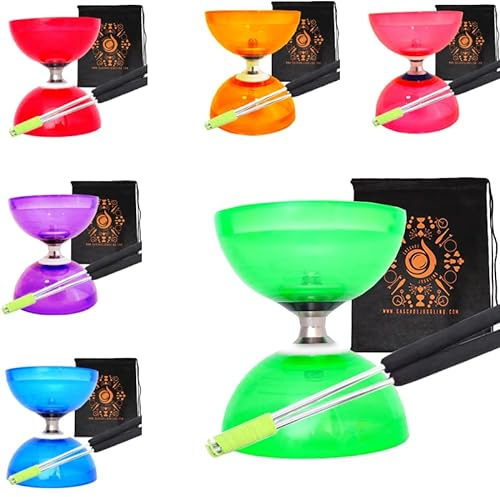 Juggle Dream Quartz Triple Bearing Clutch Diabolo Set with Aluminum 'Metal' Sticks, Diabolo String and Cascade Carry Bag (Green with Silver Handsticks)