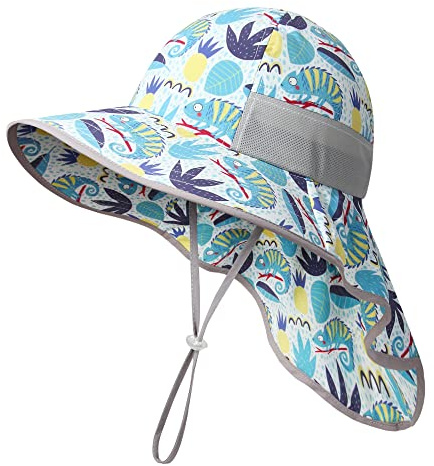 icolor Kids Sun Hat UPF50+ Sun Protection Bucket Hat Toddler Summer Beach Play Hats with Neck Flap for Girl Boy Ages 3~10 (Chameleon)