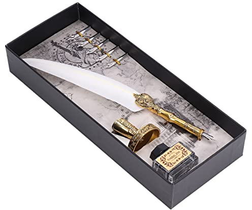 LIZEALUCKY Schreibfeder Kalligraphie Stift Set, Antik Kalligrafie Schreibfeder Set mit leerem Tintenfass und 5 Ersatzspitzen Stiftspitzenbasis in Geschenkbox(Weiß)