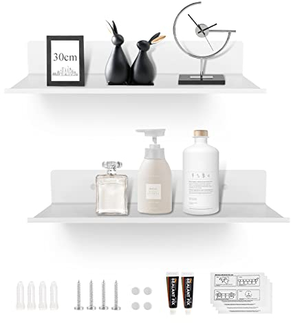 EXLECO 2Pcs Piccole Mensole da Muro Bianche 30CM Adesive per Bagno Doccia Cucina, Decorative da Parete Rachele Galleggianti Lucido
