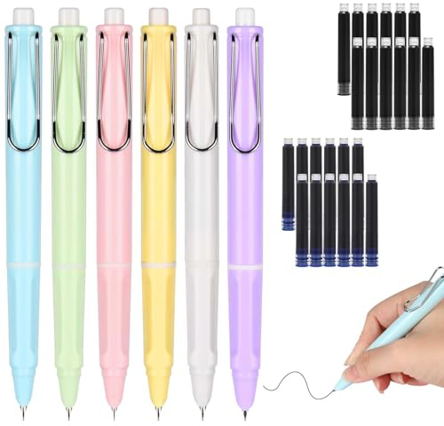 AUAUY Einziehbarer Füllfederhalter, 6 Stück Nachfüllbar Füllfederhalter mit 12 Schwarze Tinte + 12 Blaue Tinte, 0.38mm Extra Feine Spitze, Bestes Geschenk für Kinder und Erwachsener-Macaron