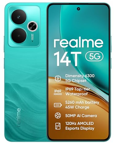 realme 14T Smartphone 5g, 8+256GB,5260 mAh Battery,Dimensity 6300 Chipset, IP69 Top-tier Waterproof, 50MP camera,120Hz Eye Protection Display,Surf Green,Amazon Exclusive (No Adapter)