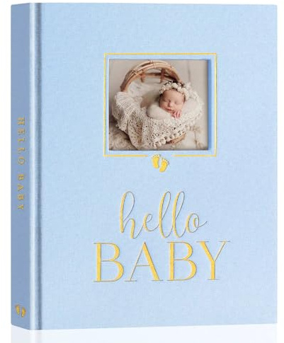 Lanpn Hello Baby Memory Book, First 5 Year Keepsake with DIY Window, Linen Baby Journal Memories Scrapbook Photo Book, Newborn Milestone Album for Boy Girl New Parents (154 Pages, blue)