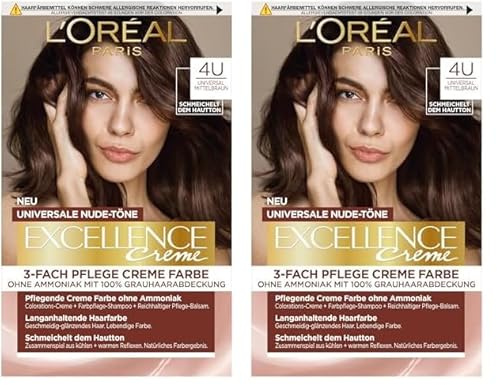 L'Oréal Paris Permanente Haarfarbe für jeden Hautton, Coloration ohne Ammoniak, Universale Nude-Töne mit vollständiger Grauhaarabdeckung, Excellence Creme, Nr. 4U Mittelbraun (Braun), 1 Stück