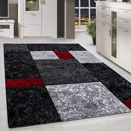HomebyHome Teppich Wohnzimmer 80x150 cm Läufer Flur Rot Kariert Konturschnitt Design - Schlafzimmer Teppich Kurzflor Extra Weich Pflegeleicht Teppiche für Küche Esszimmer - Carpet Living Room