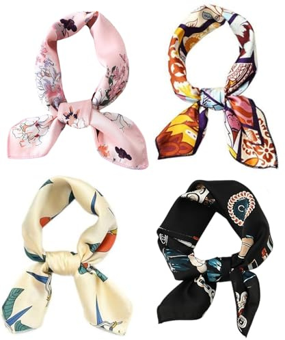 Hixixi 4 PCS 50s Satin Neck Scarf Dots Floral Striped Small Square Neckerchief Headbands Head Scarf for Women Girl (Multicolor B#)