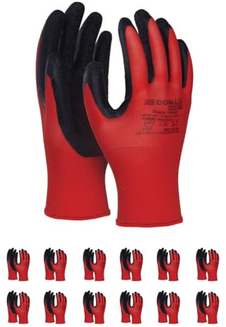 DONAU SAFETY Guanti da lavoro con rivestimento in lattice/uomo donna/taglia 10, 12 paia/rosso/nero/montaggio/guanti da montaggio/per lavori di montaggio meccanico servizio trasporto e lavori di