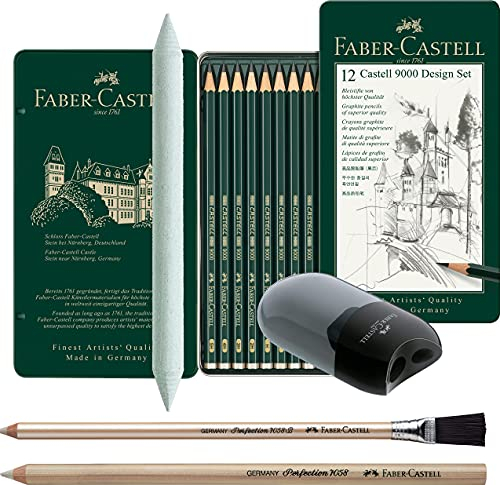 Faber-Castell 119064 - Bleistift CASTELL 9000, 12er Design Set, Inhalt: 5B - 5H + 2 Radierstifte, Estompe und Spitzdose