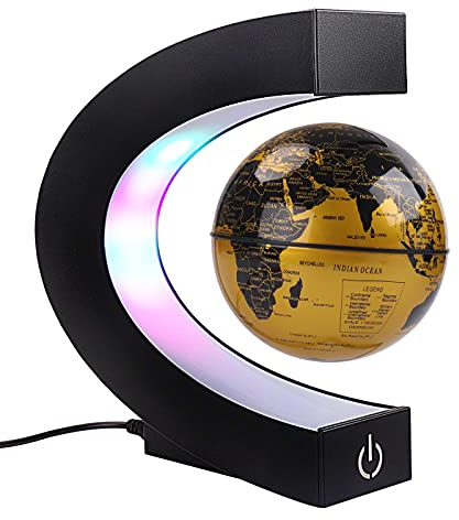 Globo galleggiante magnetico con luci a LED colorate a forma di C, anti-gravità, per regalo, casa, ufficio, decorazione da scrivania (con interruttore, oro)