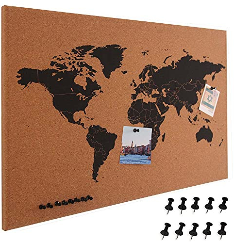 Bakaji Pannello Bacheca Mappamondo in Sughero Cartina Geografica Mappa del Mondo telaio Legno Dimensione 60 x 40 cm da Parete Muro Design Moderno con 10 Puntine Idea Regalo