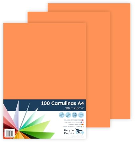 RAYLU PAPER – Cartoncini Colorati A4, 100 Pezzi Fogli Colorati 180g/m², 210 x 297 mm, Carta Colorata Proffesionale per l’ufficio e per l'artigianato (Arancione)