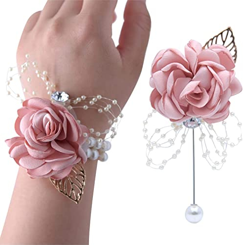TSKDKIT Rose Boutonniere Hochzeit Ansteckblumen und Handgelenk Blume Rosa Boutonniere und Handgelenk Blume für Braut Brautjungfer Gäste Herren Damen Party Weiß