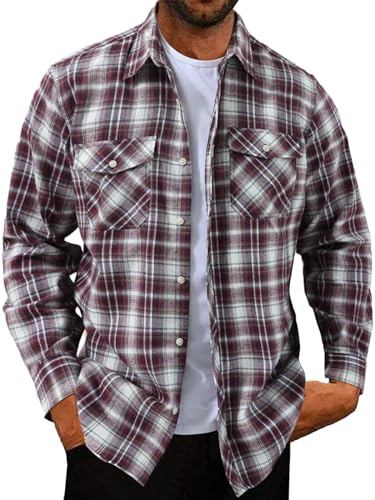 Halfword Checked Shirts Men Flannel Casual Plaid Shirts Cotton Button Down Long-Sleeve Loose-Fit Collared Autumn Winter Red Beige XXL