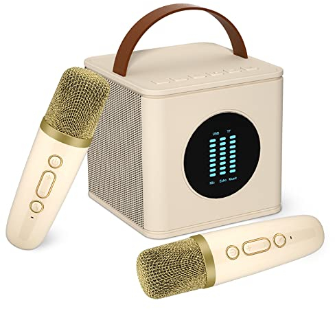 BONAOK Kinder Karaoke Mikrofon Machine, Tragbare LED Kinder Party Mikrofon Lautsprecher, Mikrofon Singen Kinder Erwachsene Heim KTV Karaoke Gerät, Karaoke Machine Mit Led, Kinder Spielzeug(Beige)