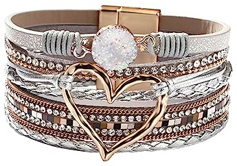 KunBead Jewelry Silver Leather Wrap Bracelets for Women Heart Handmade Braided Multilayer Magnetic Buckle Bracelet Wristband