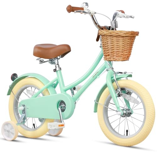 Glerc 14 pollici bambini ragazza bicicletta per 3 4 5 anni bambina retrò stile vintage biciclette con cestino ruote di allenamento e campana, verde menta