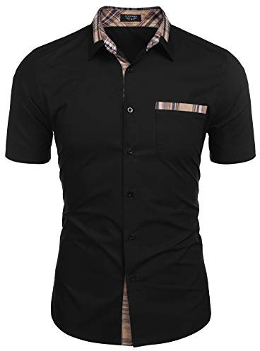 COOFANDY Mens Shirts Short Sleeve Summer Casual Shirt Short Sleeved Cowboy Shirt for Men Work Non Iron Formal Shirts Regular Fit A-Black M