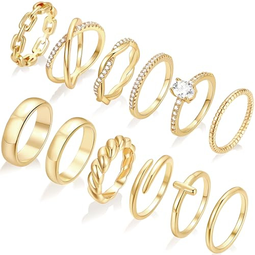 FAXHION 12 PCS Dainty 14K Gold Rings for Women, Eternity Open Chunky Twist Simulated Diamond Criss Cross Designs, Non Tarnish Gold Plated Stacking Thumb Ring, Perfect for Wedding Bands Size 10