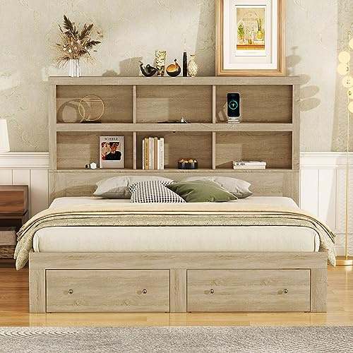 Letto Matrimoniale in Legno Massello 160 x 200 cm con Due Cassetti, Testiera con Vano Portaoggetti e Porta di Ricarica USB (Naturale)