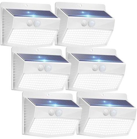 Peasur [6 Pack] 138 LED White Frame Solar Security Lights Outdoor, Solar Powered Wall Lights with Motion Sensor, 3 Modes for Fence Garden Yard Garage