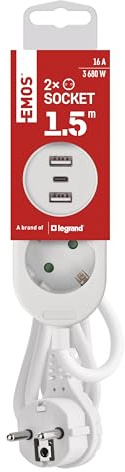 EMOS Steckdosenleiste mit USB, 2-Fach Mehrfachsteckdose und 3X USB-Port - 2X Typ A + 1x Typ C Anschluss, 1,5 Meter Verlängerungskabel, max. 3,4A Ladestrom, erhöhter Berührungsschutz, IP20 für Innen
