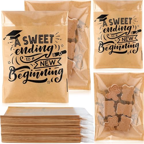 MotiMind 100 Pcs Clear Graduation Cookie Bags Front Paper Self-Adhesive Gift Bags Sweet Endings to New Beginnings Kraft Paper Treat Candy Container for 2026 Graduation Party Supplies