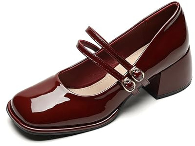 Mary Janes Zapatos De Vestir Cómodos Con Tacones Bajos Y Gruesos Para Mujeres, Zapatos De Tacón Con Puntera Cuadrada Y Puntera Cerrada, rojo, 41 EU
