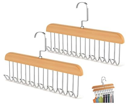 2 Pezzi Appendiabiti per Cinture - Portacinture in Legno con 8 Ganci Girevoli 360°,Organizzatore Multifunzione per Sciarpe, Reggiseni,Cravatte & Costumi da Bagno, Risparmio Spazio (Antiscivolo)