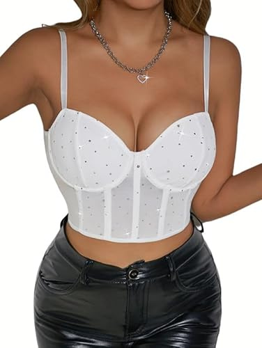 Sukiglam Camiseta Sin Mangas Mujer Encaje Corset Verano Crop Tops Lentejuelas Brillantes Corsé Bustier Sexy Ajustado Lencero Glitter Corset Tops Camisetas Tirantes De Fiesta Rave Outfit
