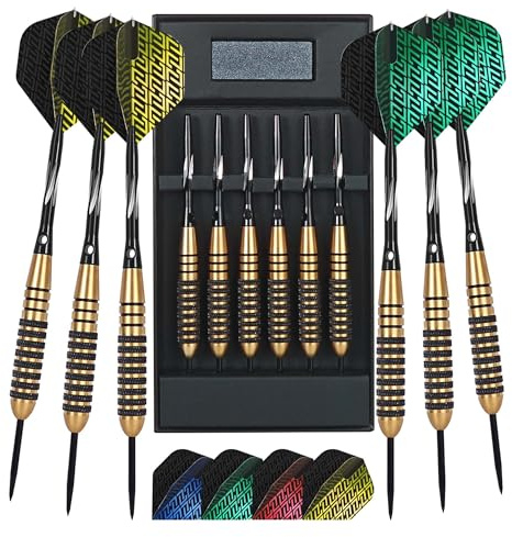 centaur Professional Steel Tip Darts Set - 6 Pack 22g Brass Barrels with 12 Aluminum Shafts (35/48mm), 16 PET Flights, 15 Protectors, Sharpener & Travel Case - Metal Darts Kit for Beginners & Pros