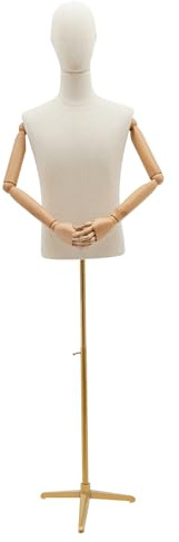 Skyltdocka herr med huvud och armar av trä, skräddardocka herrbyst Torso, skyltdocka med stativ, justerbar höjd 135 cm till 193 cm
