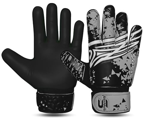 SAWANS Goalkeeper Gloves for Kids Boys Football Youth Soccer Goal Keeping Goalie Protection Double Wrist Finger Support Grip Padded Palm Anti Slip (Black Grey, Size 7 suitable for Size Small adult)