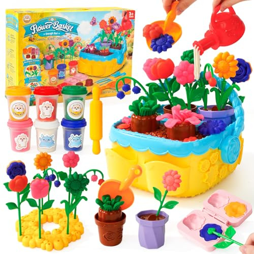 VBACALA Set Pasta Modellabile per Bambini 43 Pezzi, Kit Creativo con 6 Colori, Stampi Fiori, Cesto da Giardino, Annaffiatoio e Attrezzi, Gioco Educativo per Bambine e Bambini 3+ Anni