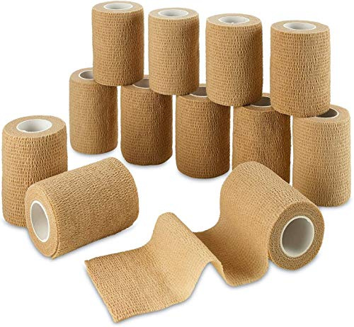 Self Adherent Wrap - Bulk Pack of 12, Athletic Tape Rolls and Sports Wraps, Self Cohesive Non-Woven Adhesive Bandage (3 in x 5 Elastic, CohesiveYards) for Ankle Sprains & Swelling