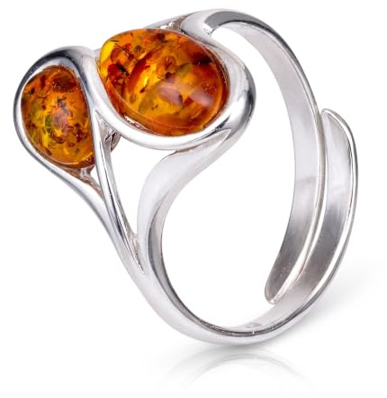 Baltic Amber Sterling Silver Adjustable Ring for Women, Genuine Real Gemstone, Jewelry Lab Certified