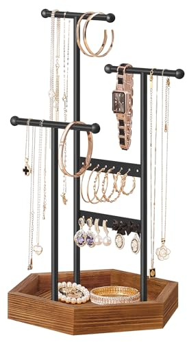 SONGMICS Jewelry Holder, Jewelry Organizer, 3 Tiers and 1 Tray, Jewelry Display Stand with Metal Frame, Necklace Earring Bracelet Holder, for Rings, Ink Black and Caramel Brown UJJS03CB