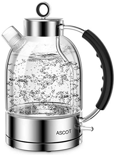 ASCOT Electric Kettle, Glass Electric Tea Kettle Gifts for Men/Women/Family 1.5L 1500W Borosilicate Glass Tea Heater, with Auto Shut-Off and Boil-Dry Protection (Silver)