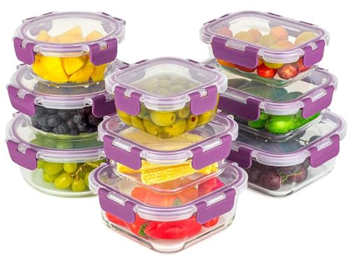 Recamania Recipientes de Cristal Para Alimentos - 18 Piezas (9 recipientes y 9 tapas) - Apto para lavavajillas, Microondas y congelador - a prueba de fugas y sin BPA - Aprobado por la FDA y el FSC