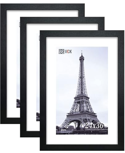 VCK 24x36 Poster Frame Solid Wood Black 3 Pack Picture Frames 24 x 36 Inches with Wall Mounting Hanging