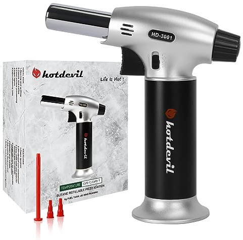 Hotdevil Butane Culinary Torch 6g Refillable Tank Cooking Kitchen Torch Lighter Fit All Butane Cartridge Blow Torch/w Safety Lock Adjustable Flame for BBQ Creme Brulee Dessert(Butane Gas Not Include)